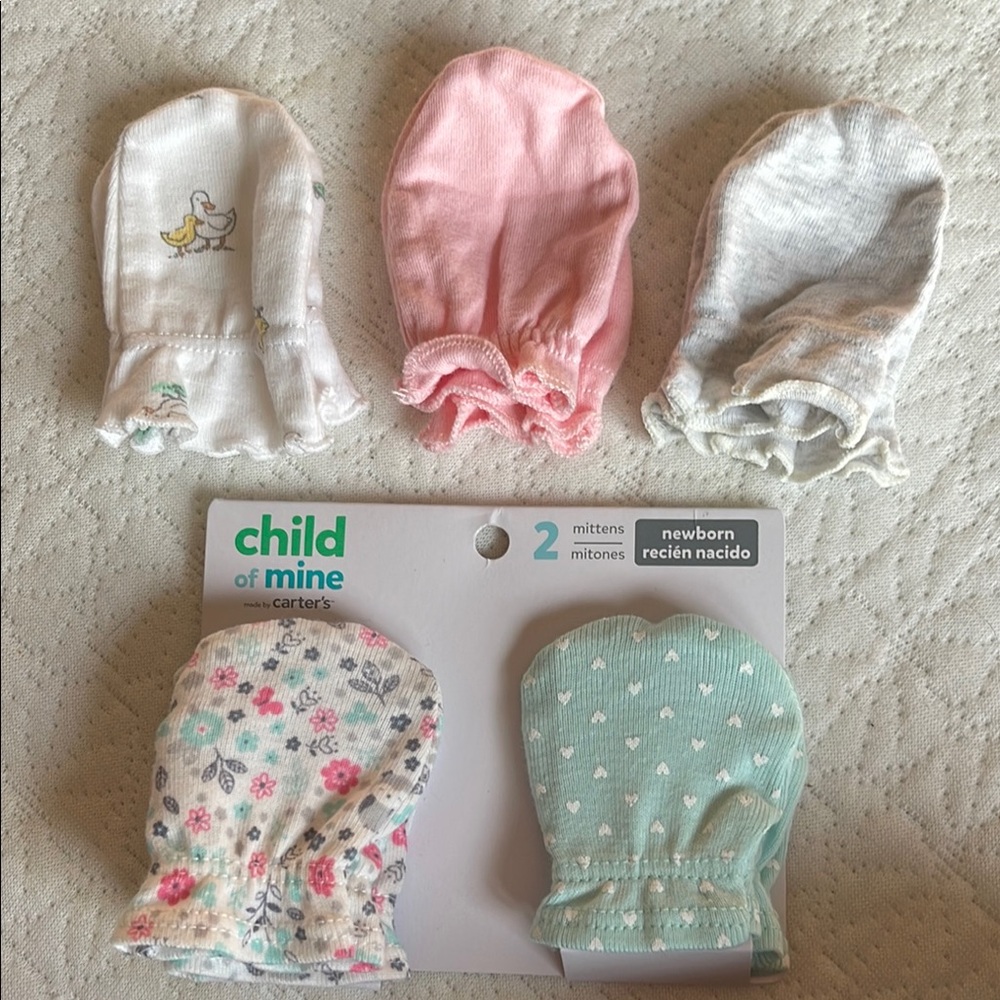 Newborn Baby Mittens 5 piece - Pink, White, Green, gray, multi